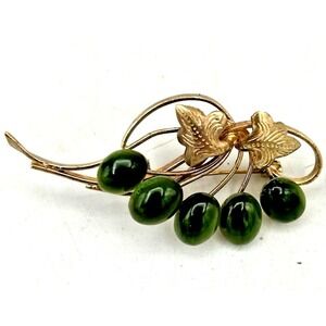 Vtg 1966 Designer Swoboda Brooch Pin Faux Jade Grade A Green Flower Gold 2 1/4"